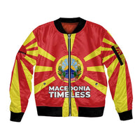 Macedonia Sleeve Zip Bomber Jacket with National Emblem and Sunburst Flag Design - Wonder Print Shop