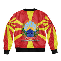 Macedonia Sleeve Zip Bomber Jacket with National Emblem and Sunburst Flag Design - Wonder Print Shop