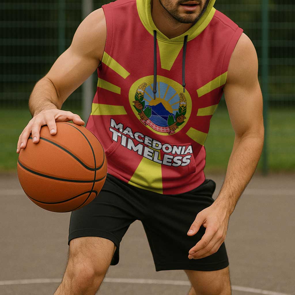 Macedonia Sleeveless Hoodie with National Emblem and Sunburst Flag Design - Wonder Print Shop