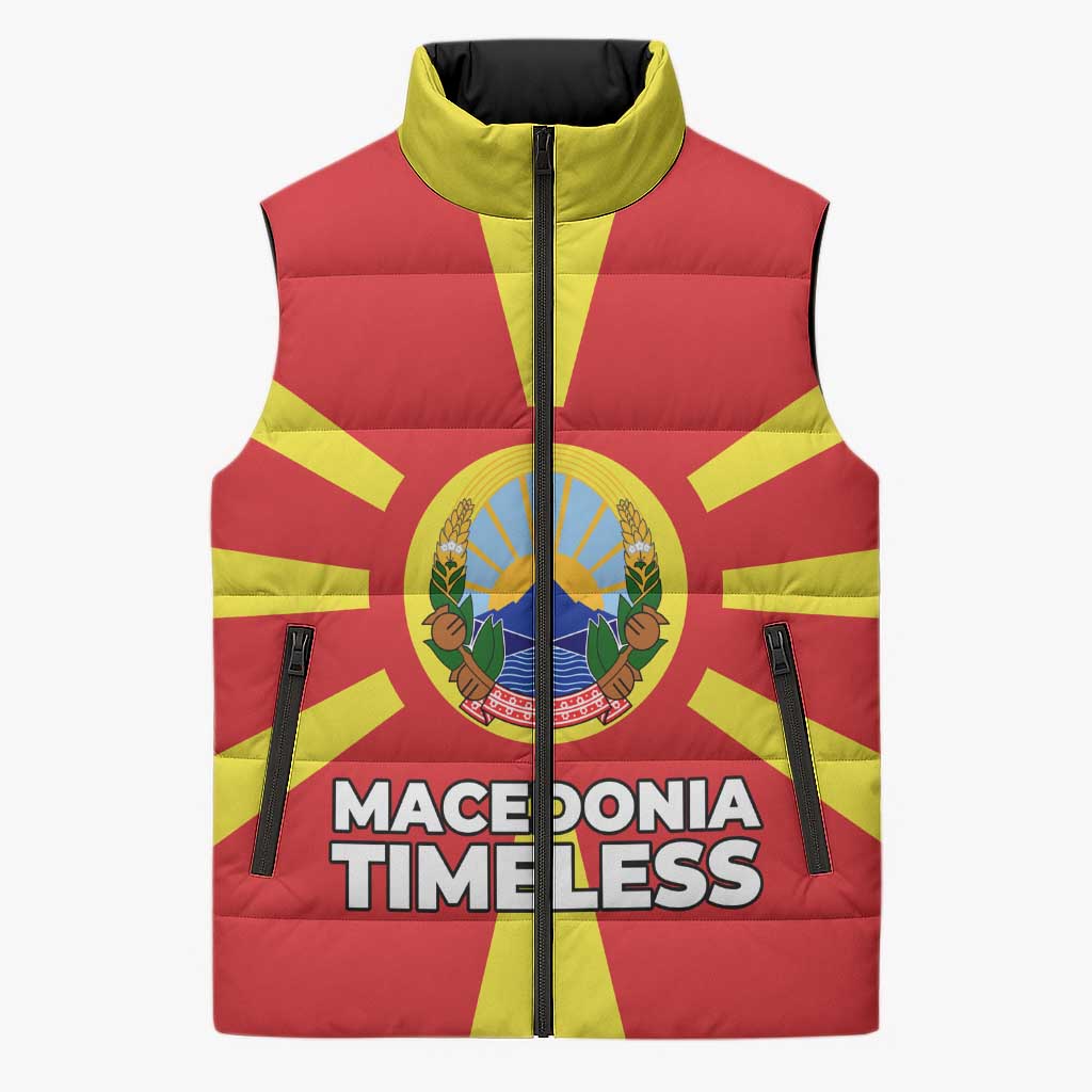 Macedonia Sleeveless Puffer Jacket with National Emblem and Sunburst Flag Design - Wonder Print Shop