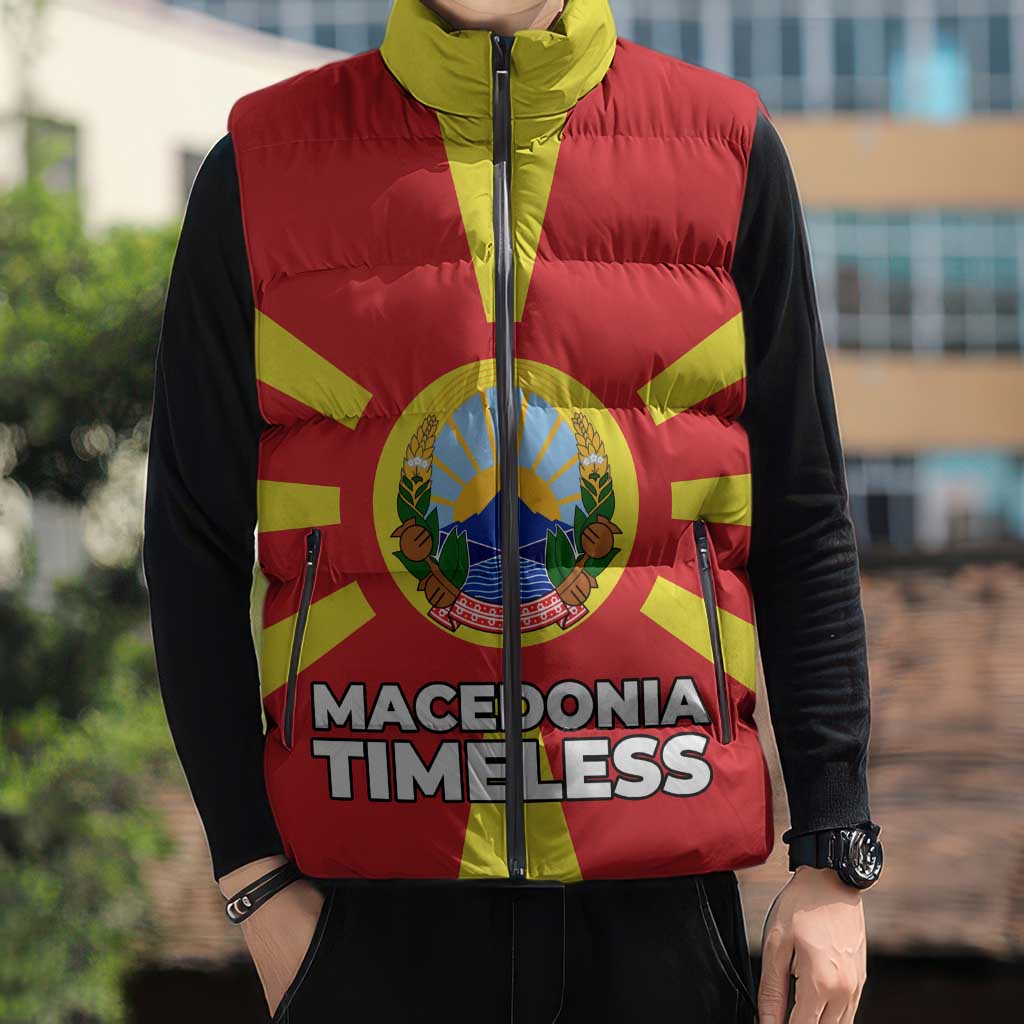 Macedonia Sleeveless Puffer Jacket with National Emblem and Sunburst Flag Design - Wonder Print Shop