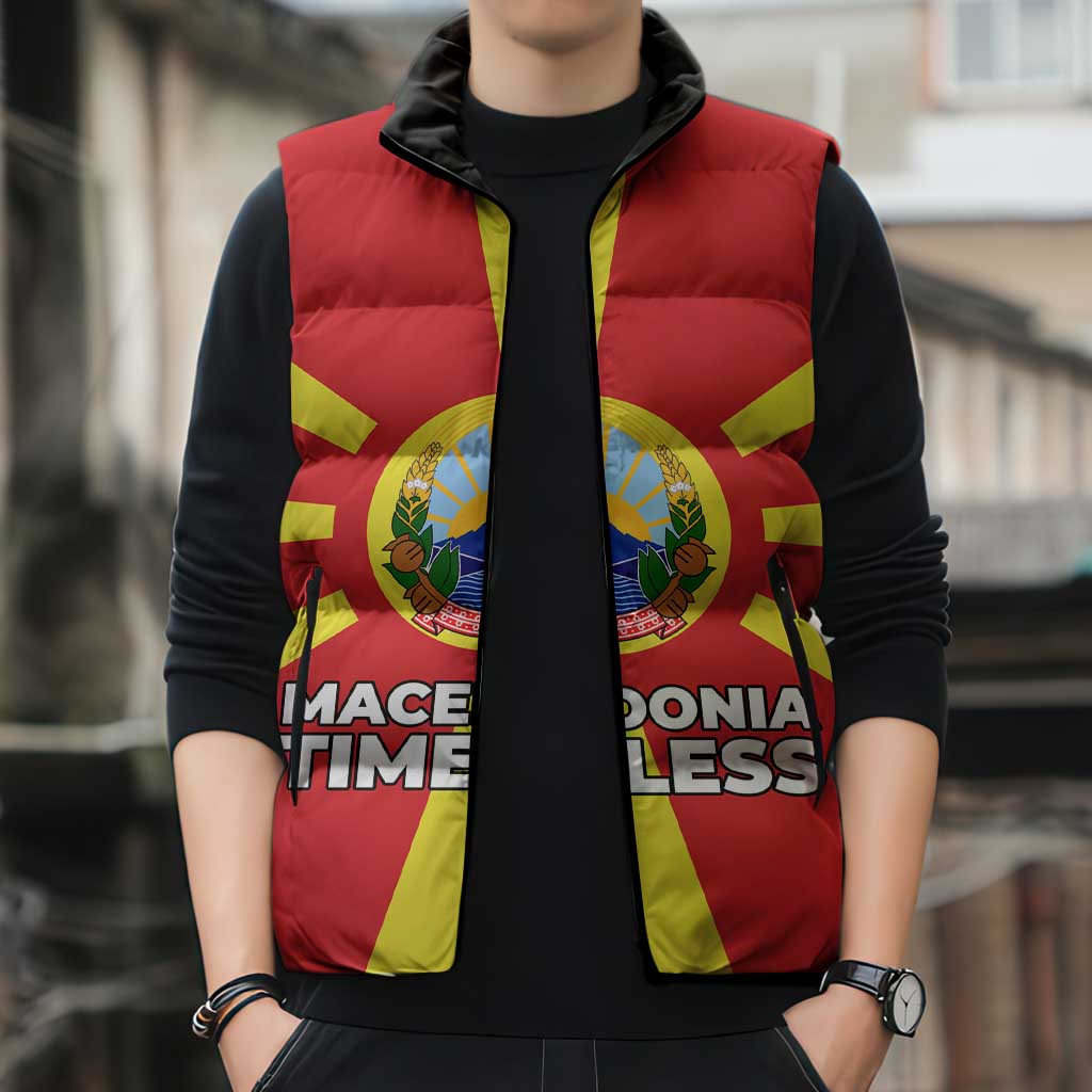 Macedonia Sleeveless Puffer Jacket with National Emblem and Sunburst Flag Design - Wonder Print Shop