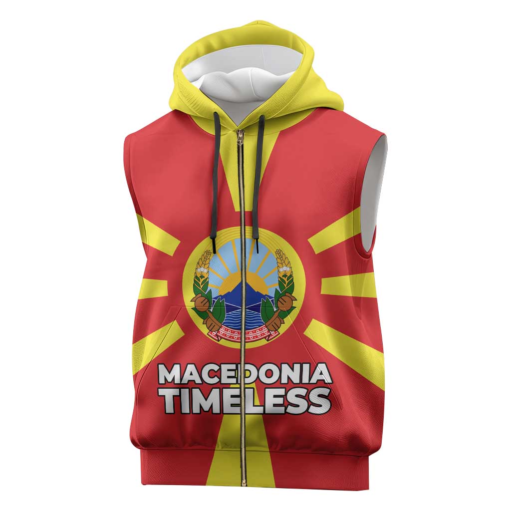 Macedonia Sleeveless Zip Hoodie with National Emblem and Sunburst Flag Design - Wonder Print Shop