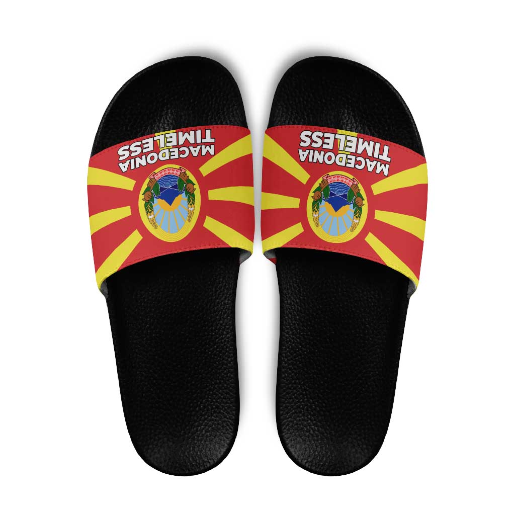 Macedonia Slide Sandals with National Emblem and Sunburst Flag Design - Wonder Print Shop