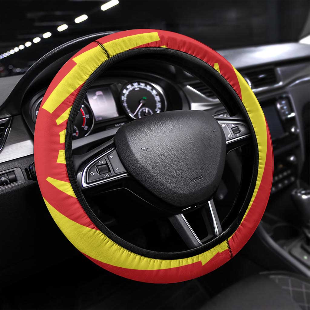 Macedonia Steering Wheel Cover with National Emblem and Sunburst Flag Design - Wonder Print Shop