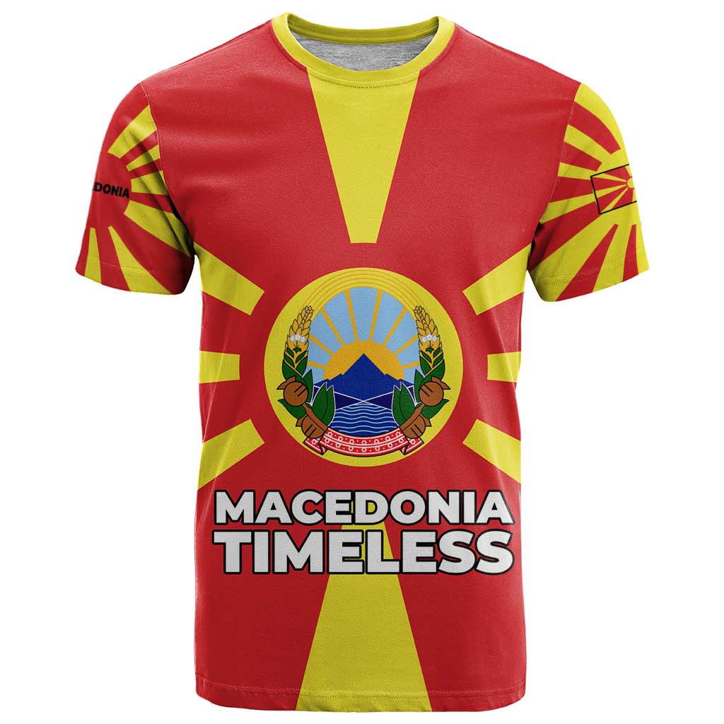 Macedonia T Shirt with National Emblem and Sunburst Flag Design - Wonder Print Shop