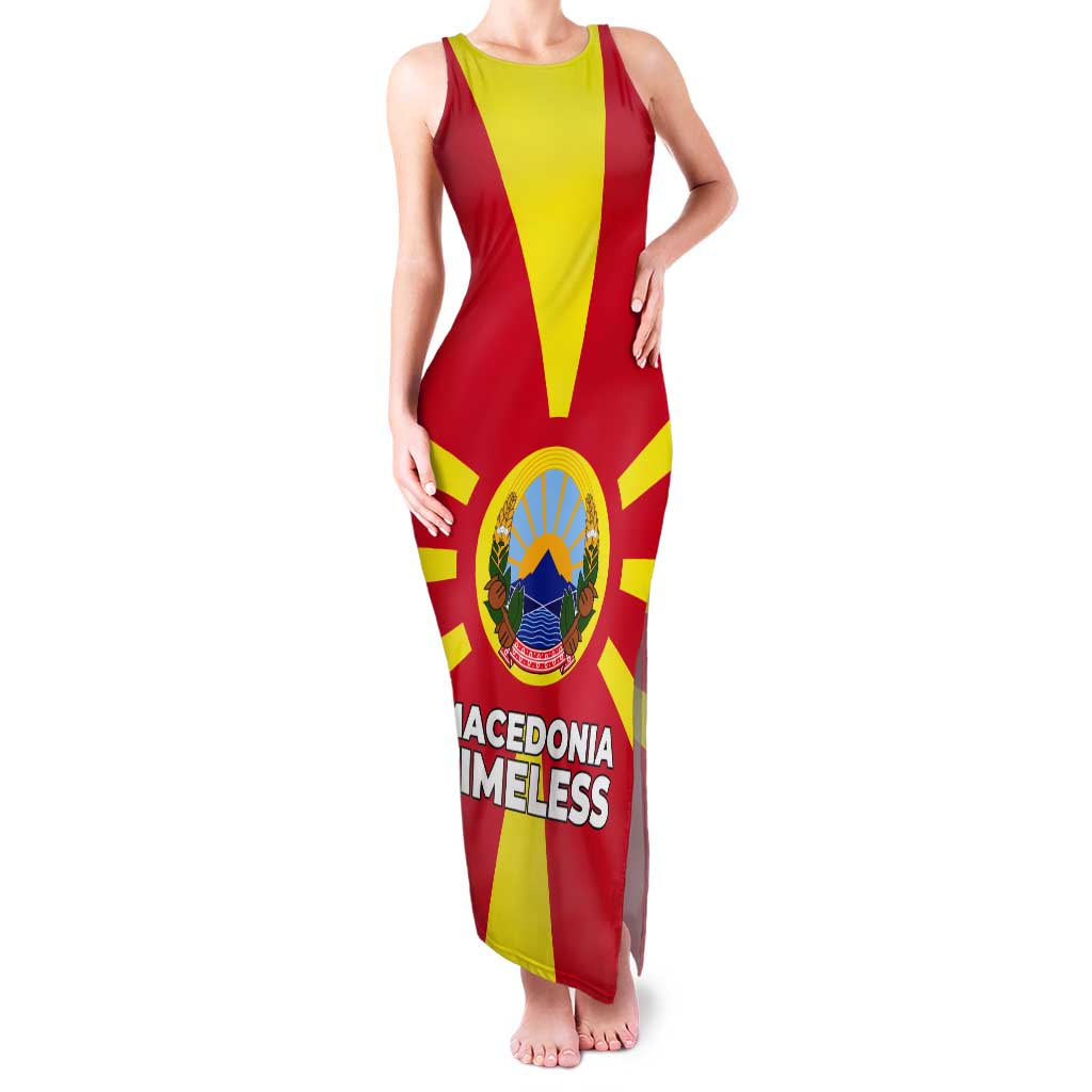 Macedonia Tank Maxi Dress with National Emblem and Sunburst Flag Design - Wonder Print Shop