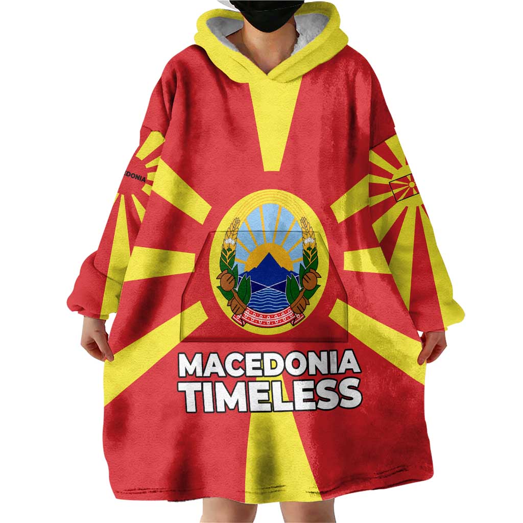 Macedonia Wearable Blanket Hoodie with National Emblem and Sunburst Flag Design - Wonder Print Shop