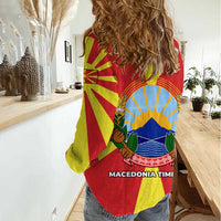 Macedonia Women Casual Shirt with National Emblem and Sunburst Flag Design - Wonder Print Shop