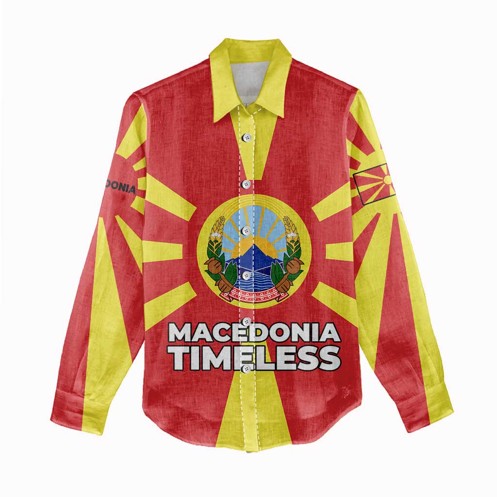 Macedonia Women Casual Shirt with National Emblem and Sunburst Flag Design - Wonder Print Shop