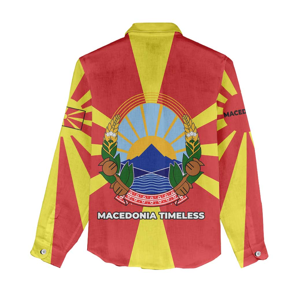 Macedonia Women Casual Shirt with National Emblem and Sunburst Flag Design - Wonder Print Shop