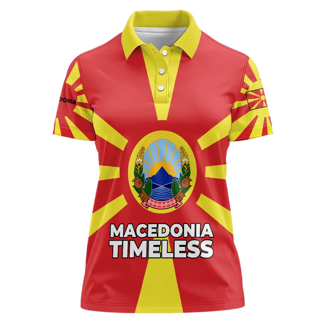 Macedonia Women Polo Shirt with National Emblem and Sunburst Flag Design - Wonder Print Shop