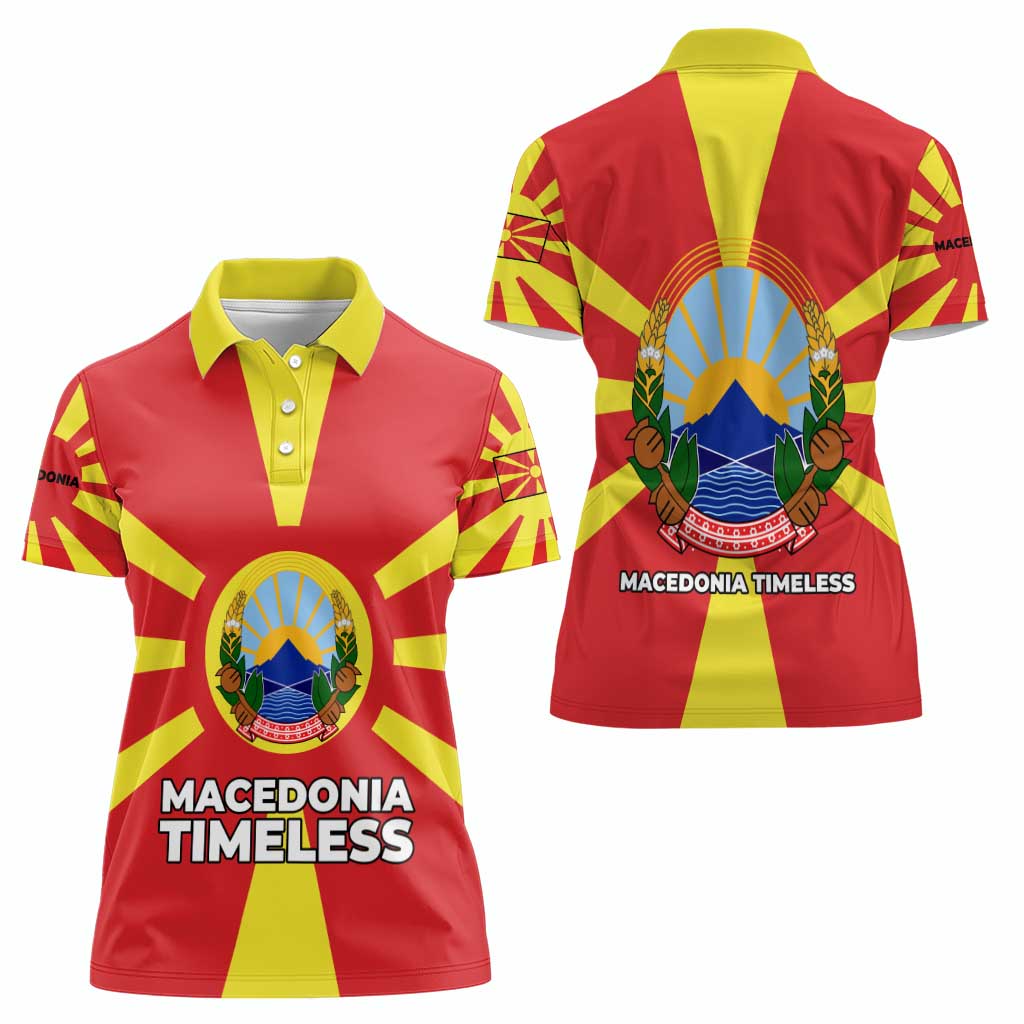 Macedonia Women Polo Shirt with National Emblem and Sunburst Flag Design - Wonder Print Shop
