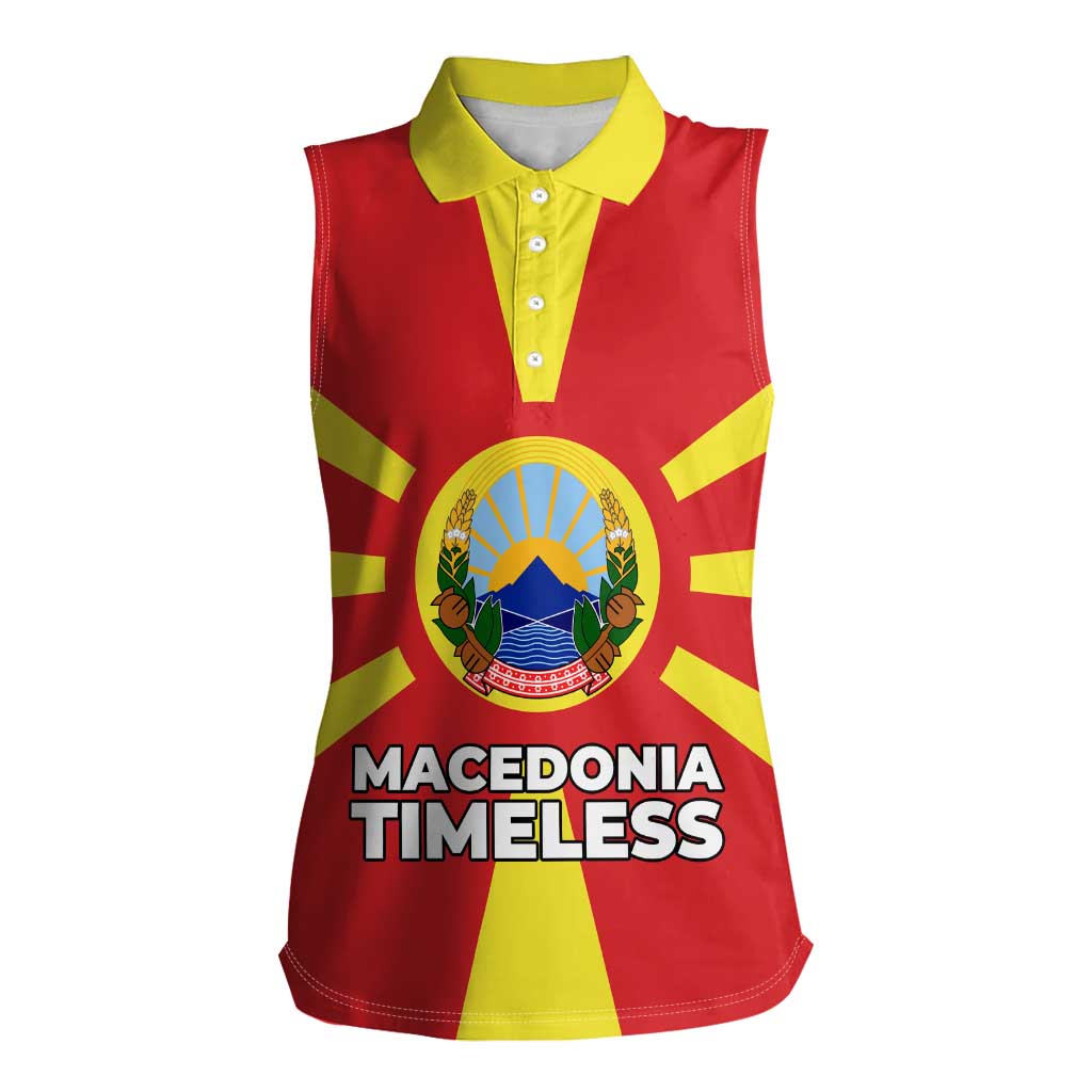 Macedonia Women Sleeveless Polo Shirt with National Emblem and Sunburst Flag Design - Wonder Print Shop