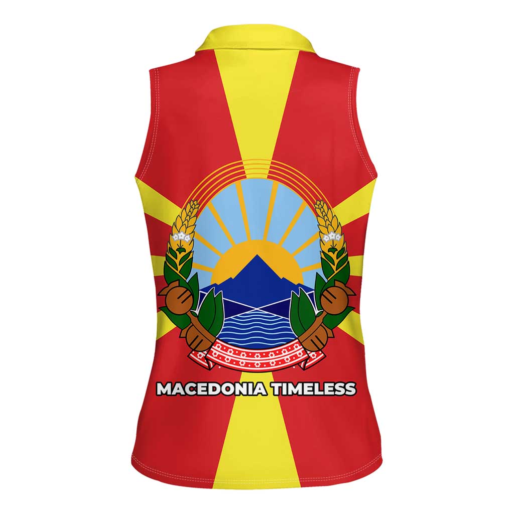 Macedonia Women Sleeveless Polo Shirt with National Emblem and Sunburst Flag Design - Wonder Print Shop