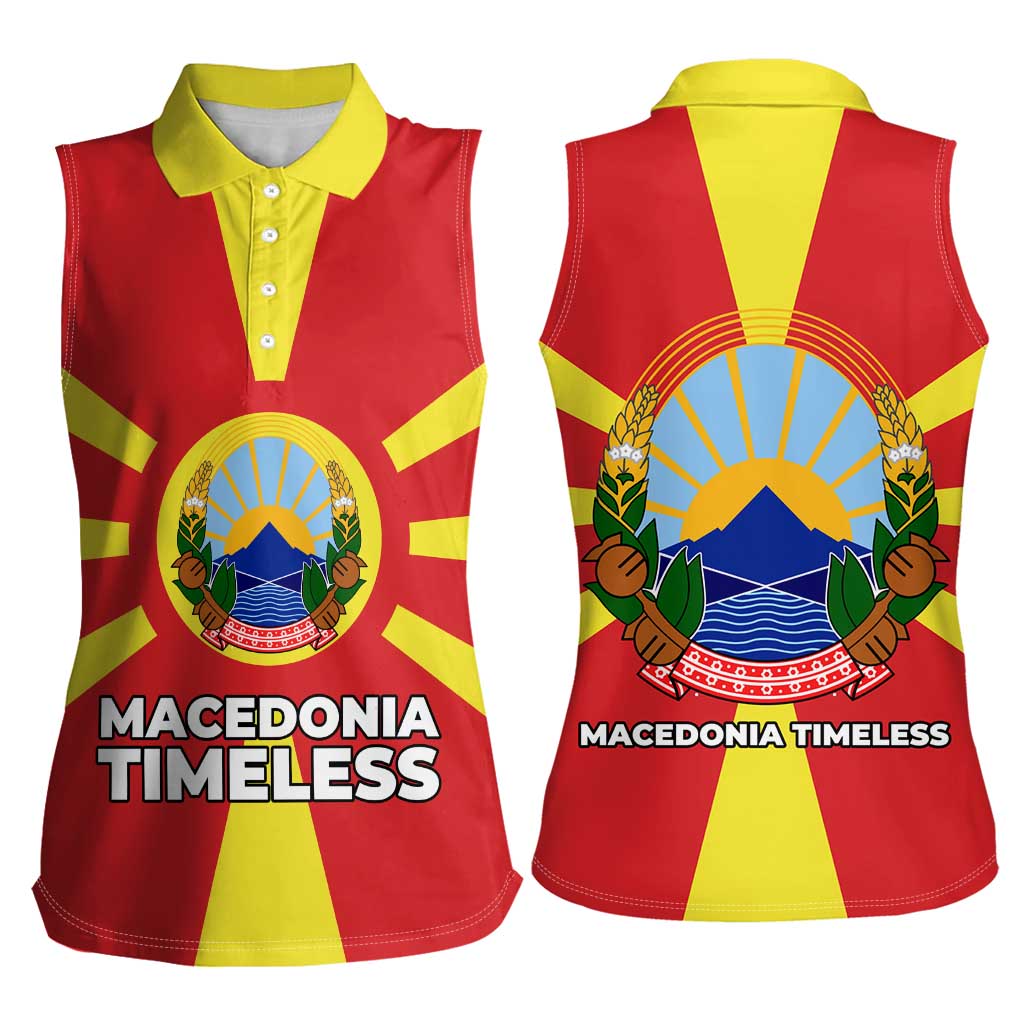 Macedonia Women Sleeveless Polo Shirt with National Emblem and Sunburst Flag Design - Wonder Print Shop