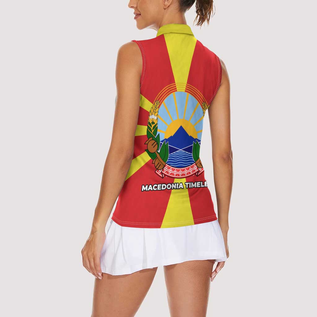 Macedonia Women Sleeveless Polo Shirt with National Emblem and Sunburst Flag Design - Wonder Print Shop