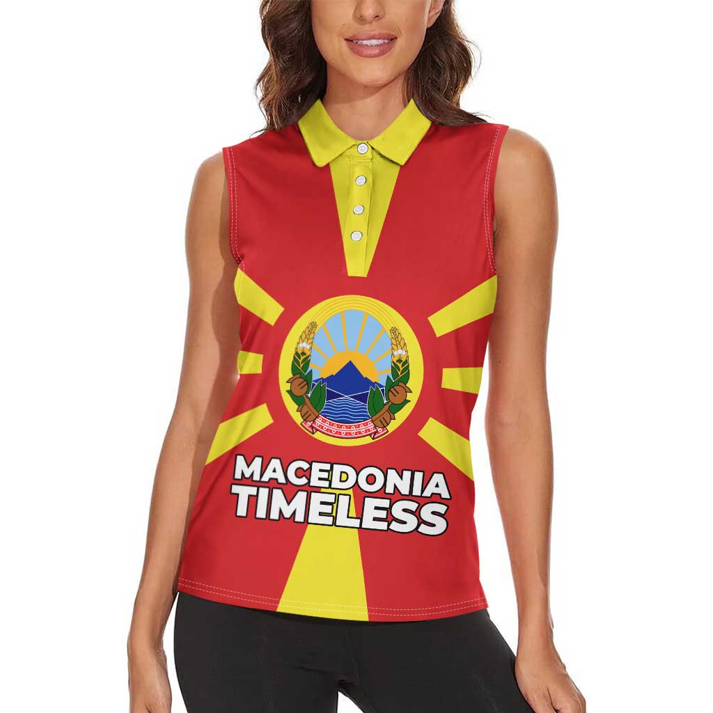 Macedonia Women Sleeveless Polo Shirt with National Emblem and Sunburst Flag Design - Wonder Print Shop