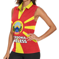 Macedonia Women Sleeveless Polo Shirt with National Emblem and Sunburst Flag Design - Wonder Print Shop