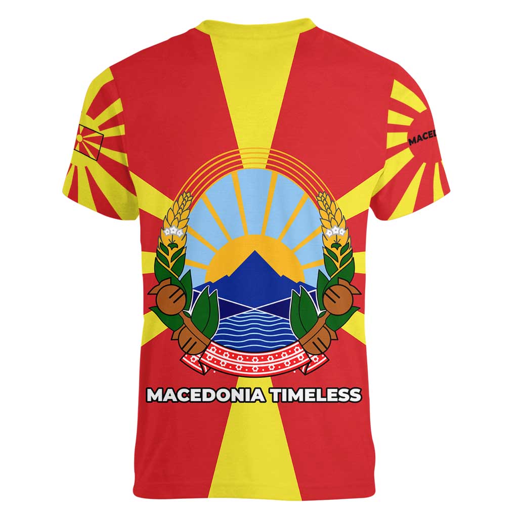 Macedonia Women V-Neck T-Shirt with National Emblem and Sunburst Flag Design - Wonder Print Shop