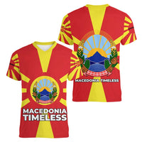 Macedonia Women V-Neck T-Shirt with National Emblem and Sunburst Flag Design - Wonder Print Shop