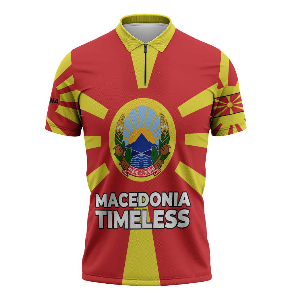 Macedonia Zipper Polo Shirt with National Emblem and Sunburst Flag Design - Wonder Print Shop