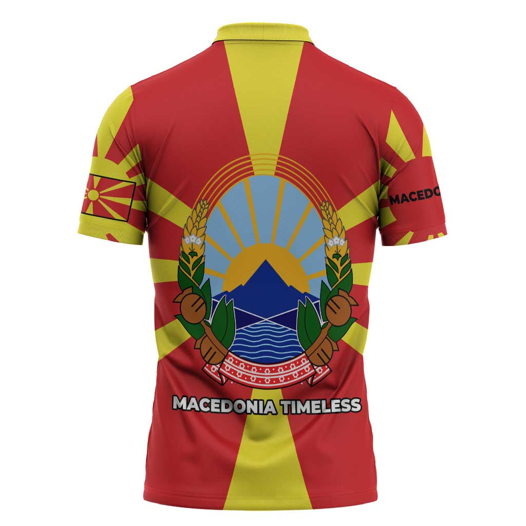 Macedonia Zipper Polo Shirt with National Emblem and Sunburst Flag Design - Wonder Print Shop