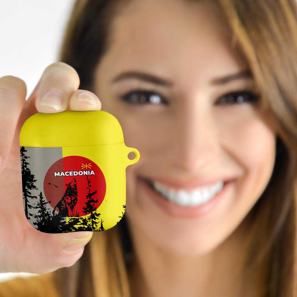 Macedonia AirPods Case with Howling Wolf and Sunset Forest Design - Wonder Print Shop