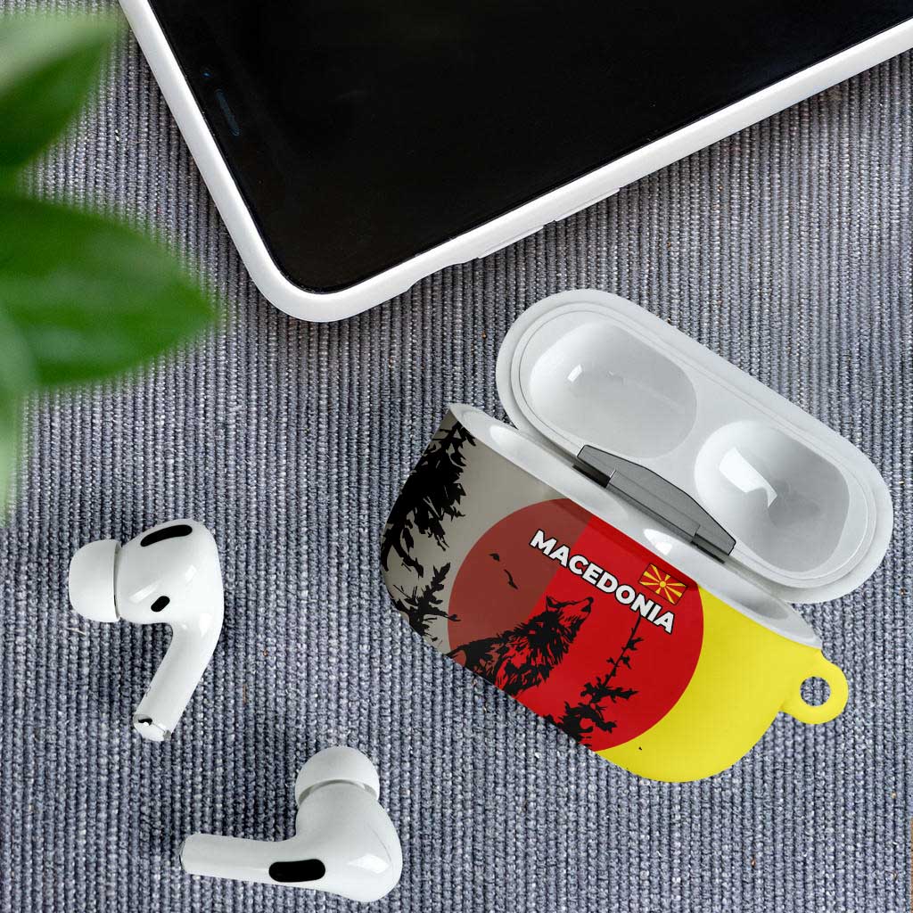 Macedonia AirPods Case with Howling Wolf and Sunset Forest Design - Wonder Print Shop