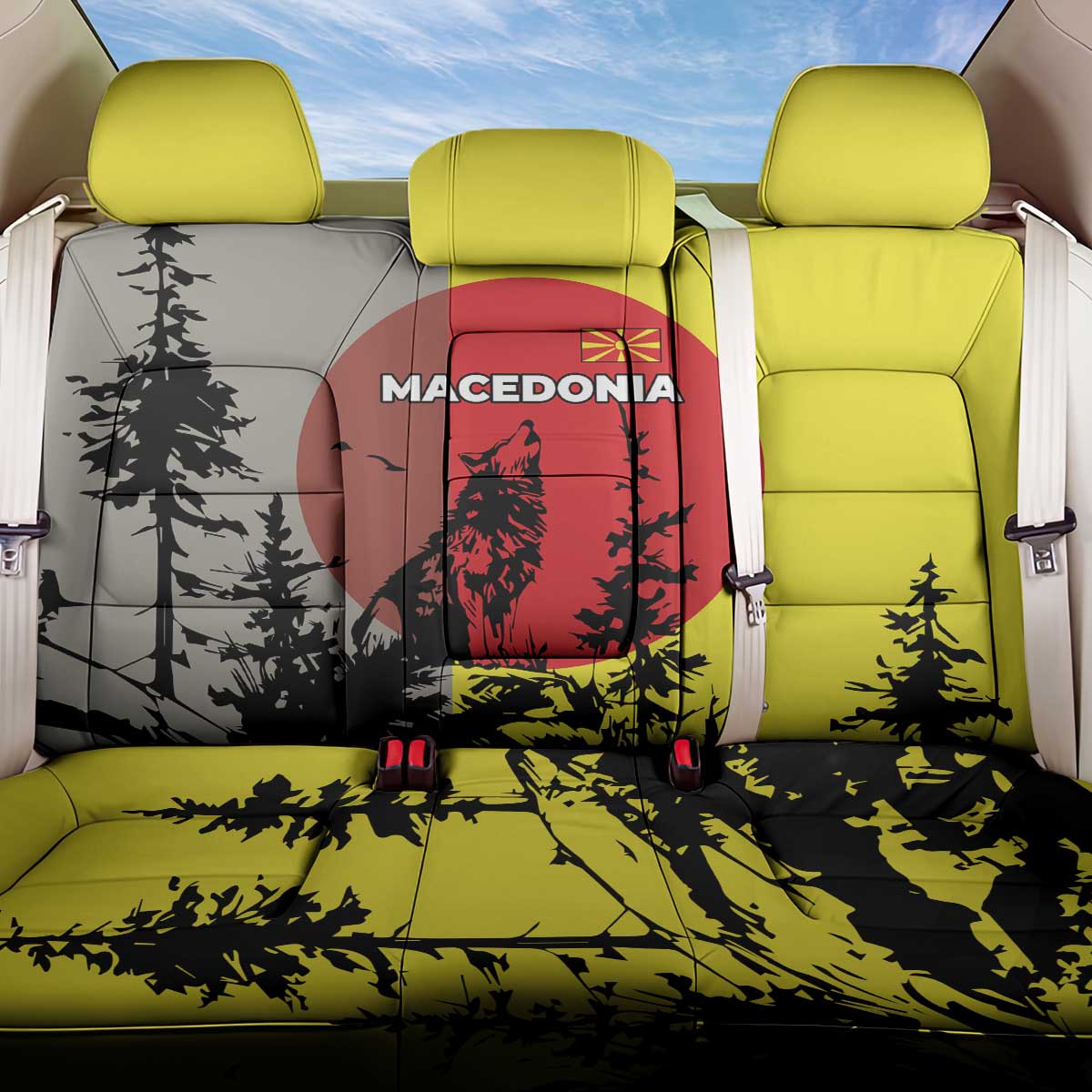 Macedonia Back Car Seat Cover with Howling Wolf and Sunset Forest Design - Wonder Print Shop