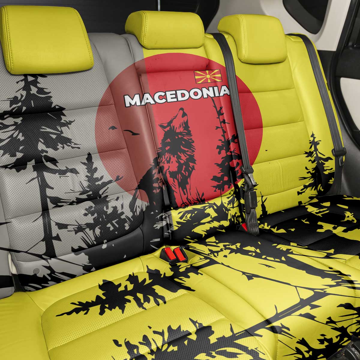 Macedonia Back Car Seat Cover with Howling Wolf and Sunset Forest Design - Wonder Print Shop
