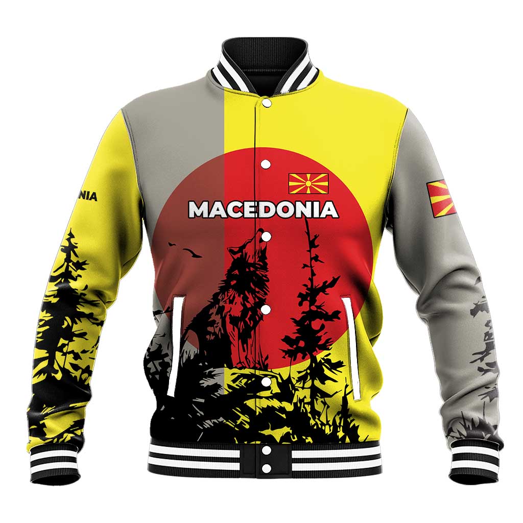 Macedonia Baseball Jacket with Howling Wolf and Sunset Forest Design - Wonder Print Shop