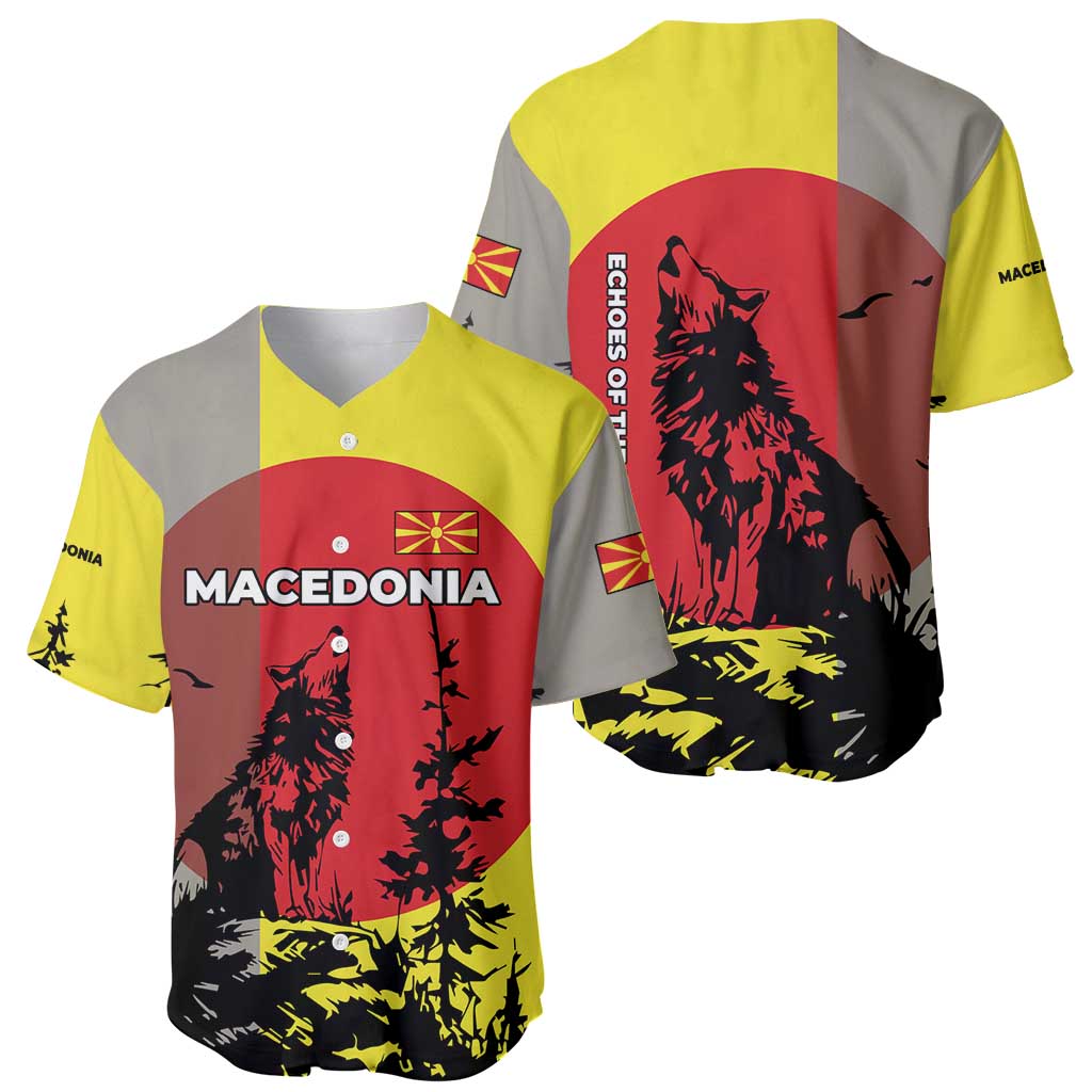 Macedonia Baseball Jersey with Howling Wolf and Sunset Forest Design - Wonder Print Shop