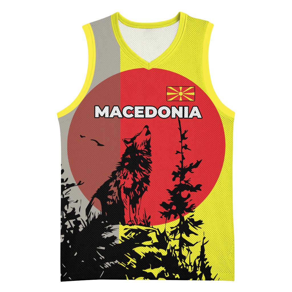Macedonia Basketball Jersey with Howling Wolf and Sunset Forest Design - Wonder Print Shop