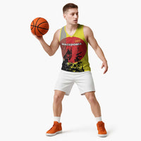 Macedonia Basketball Jersey with Howling Wolf and Sunset Forest Design - Wonder Print Shop