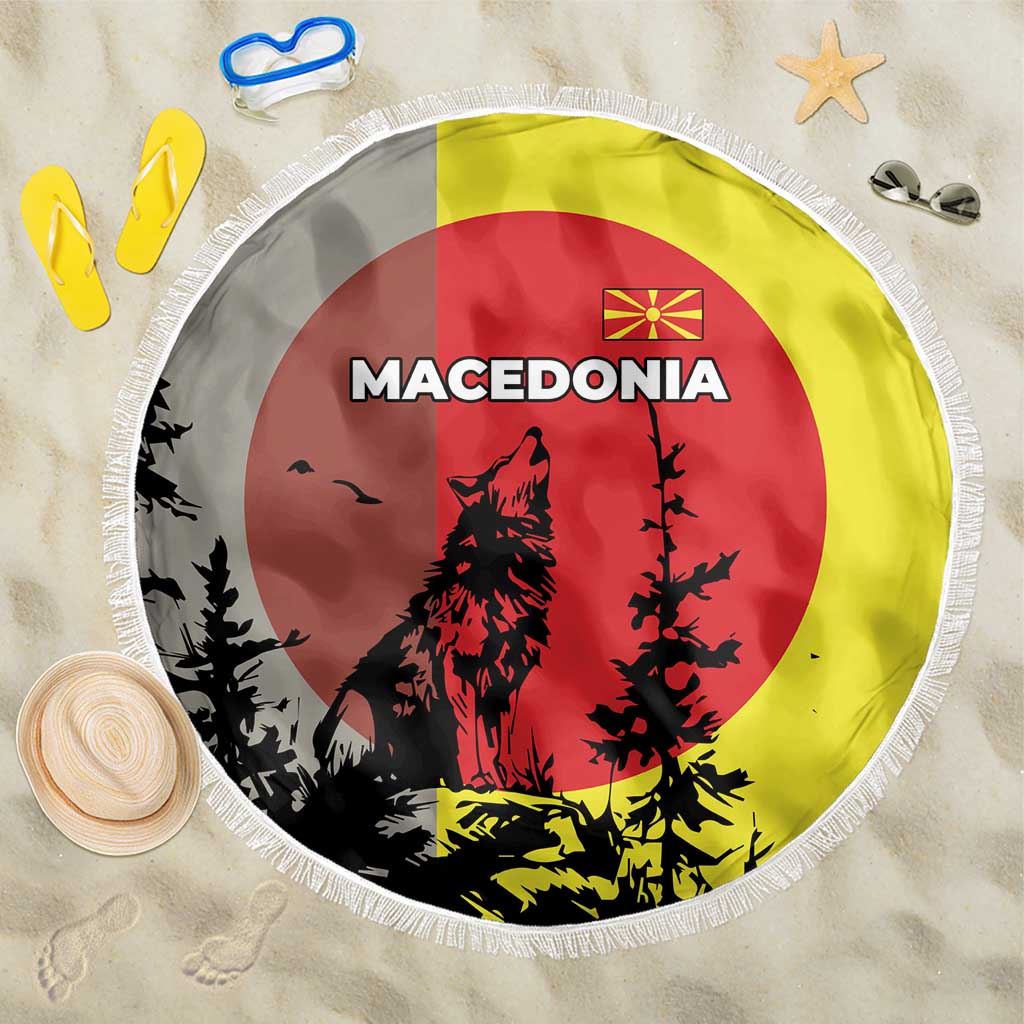 Macedonia Beach Blanket with Howling Wolf and Sunset Forest Design - Wonder Print Shop