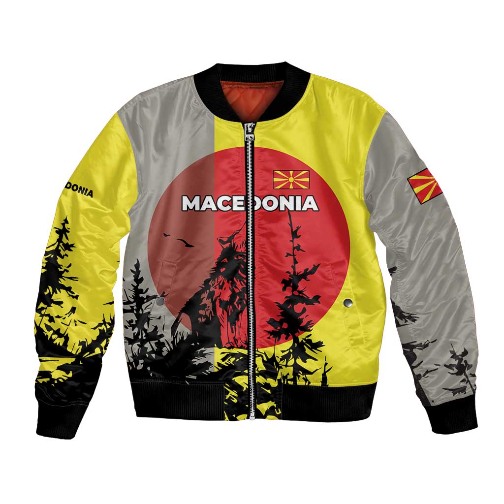Macedonia Bomber Jacket with Howling Wolf and Sunset Forest Design - Wonder Print Shop