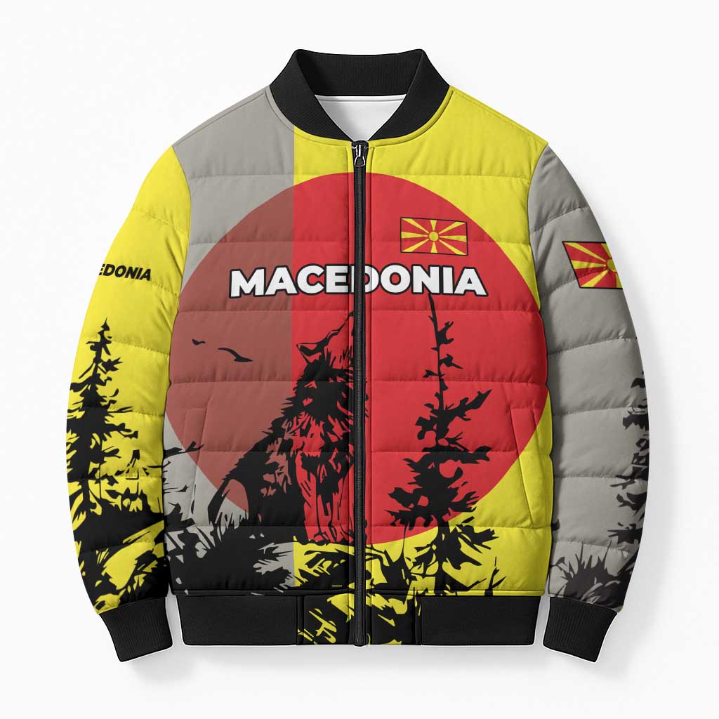 Macedonia Bomber Puffer Jacket with Howling Wolf and Sunset Forest Design - Wonder Print Shop