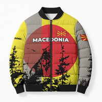 Macedonia Bomber Puffer Jacket with Howling Wolf and Sunset Forest Design - Wonder Print Shop