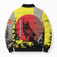 Macedonia Bomber Puffer Jacket with Howling Wolf and Sunset Forest Design - Wonder Print Shop