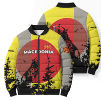 Macedonia Bomber Puffer Jacket with Howling Wolf and Sunset Forest Design - Wonder Print Shop
