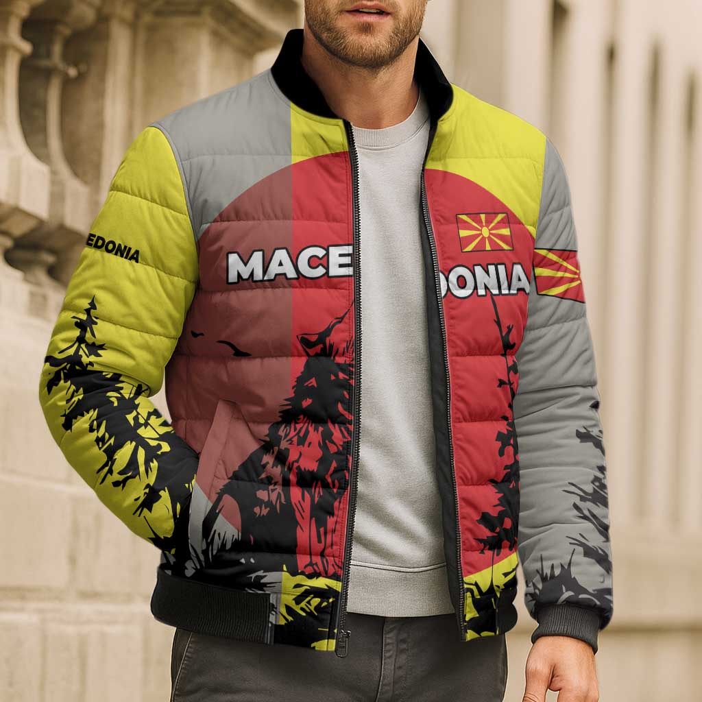 Macedonia Bomber Puffer Jacket with Howling Wolf and Sunset Forest Design - Wonder Print Shop