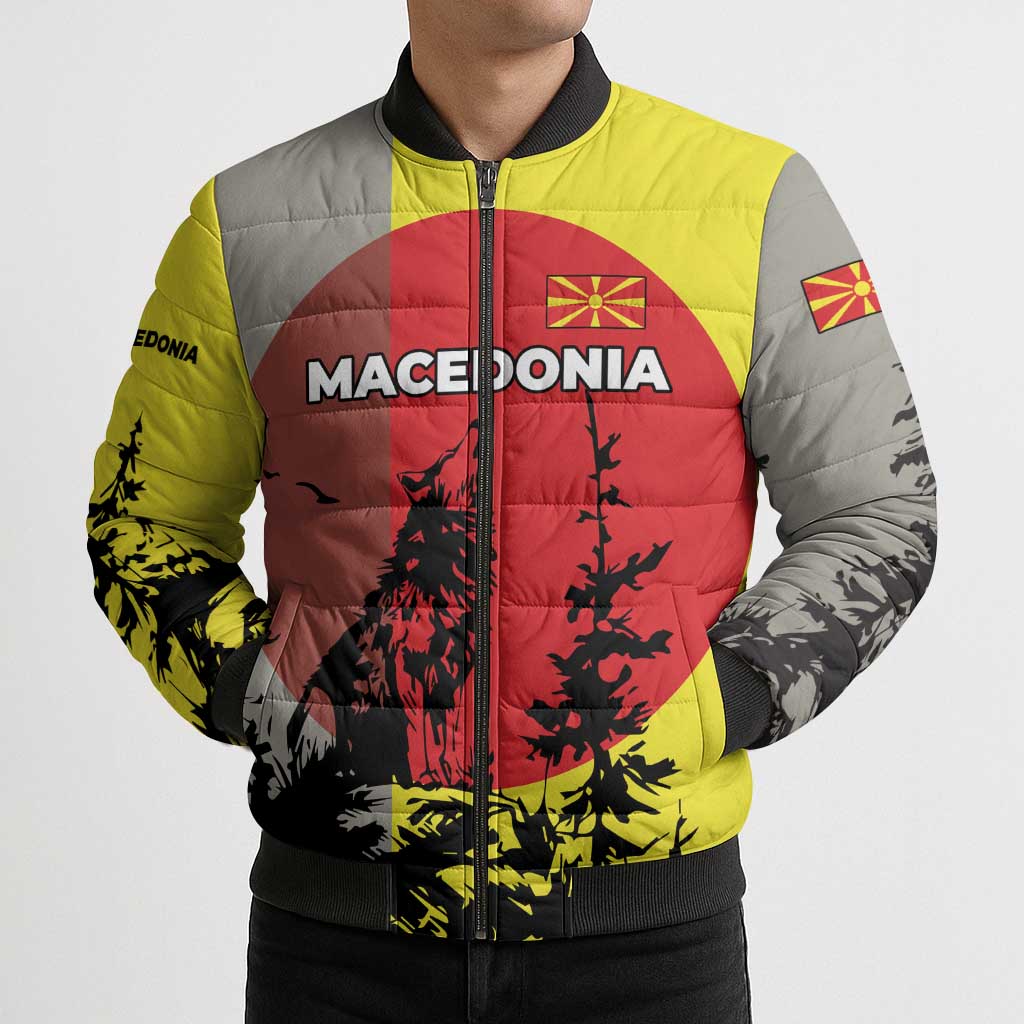Macedonia Bomber Puffer Jacket with Howling Wolf and Sunset Forest Design - Wonder Print Shop