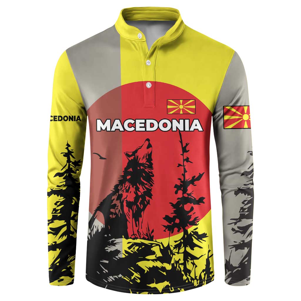 Macedonia Button Sweatshirt with Howling Wolf and Sunset Forest Design - Wonder Print Shop