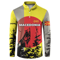 Macedonia Button Sweatshirt with Howling Wolf and Sunset Forest Design - Wonder Print Shop