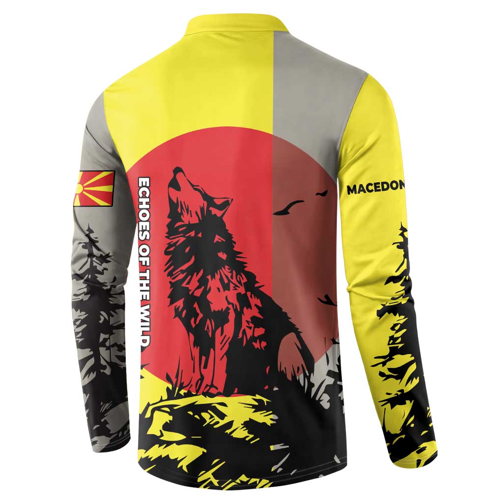 Macedonia Button Sweatshirt with Howling Wolf and Sunset Forest Design - Wonder Print Shop