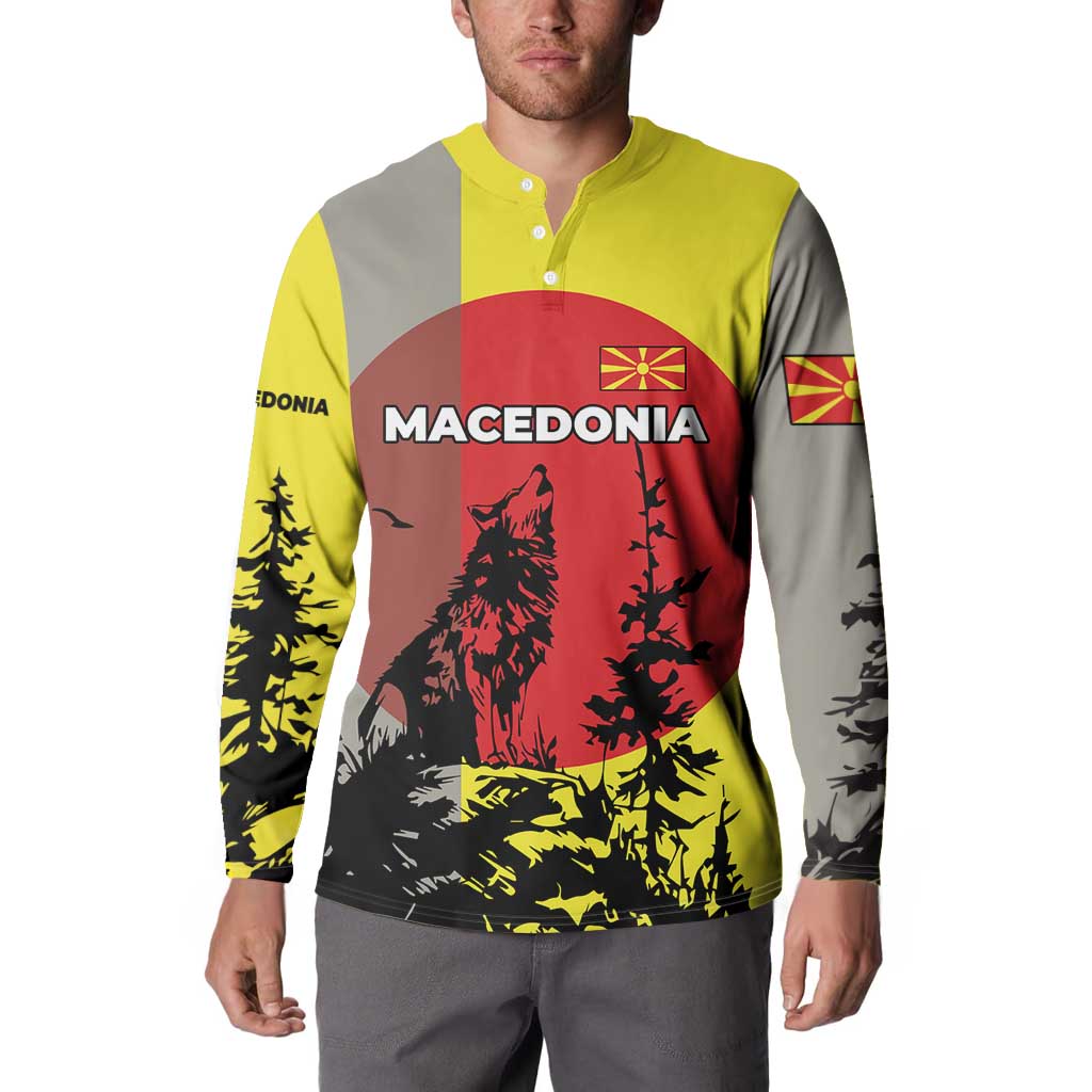 Macedonia Button Sweatshirt with Howling Wolf and Sunset Forest Design - Wonder Print Shop