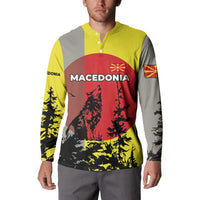 Macedonia Button Sweatshirt with Howling Wolf and Sunset Forest Design - Wonder Print Shop