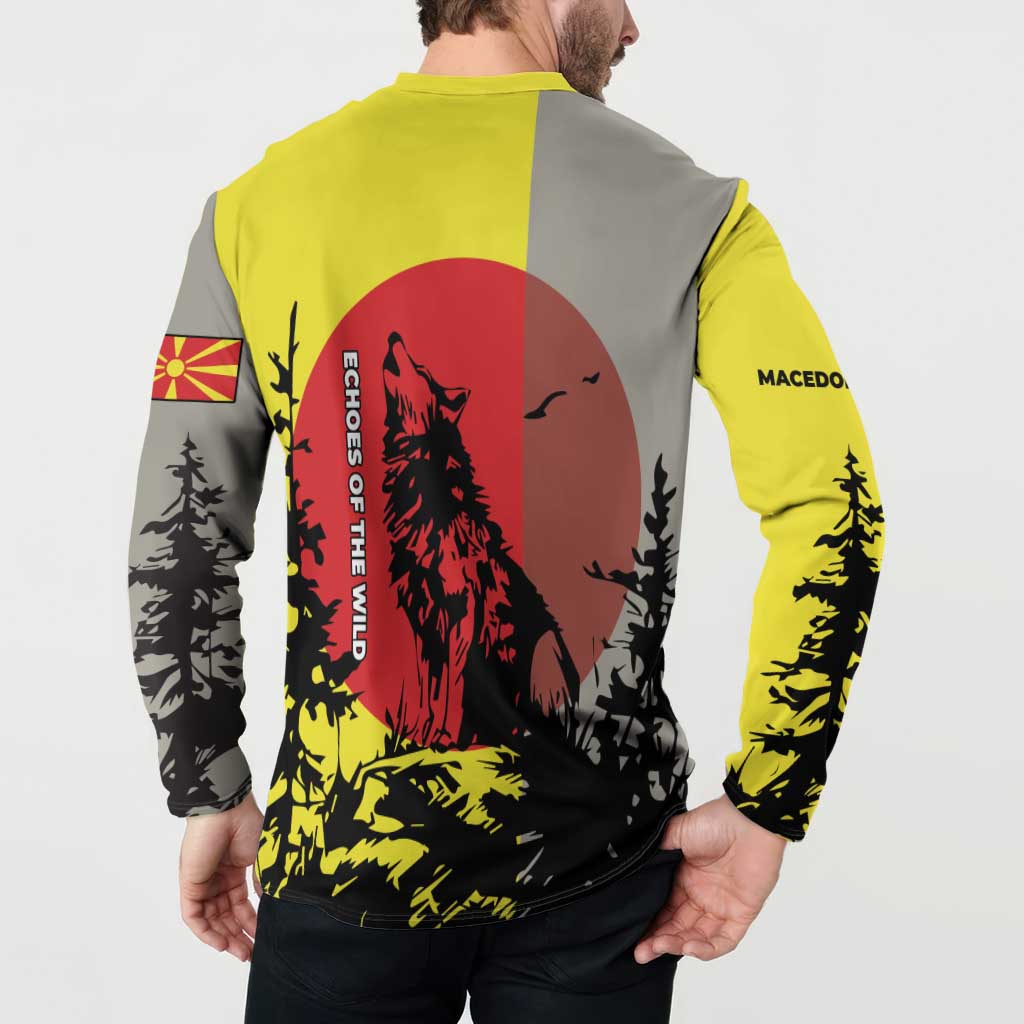 Macedonia Button Sweatshirt with Howling Wolf and Sunset Forest Design - Wonder Print Shop