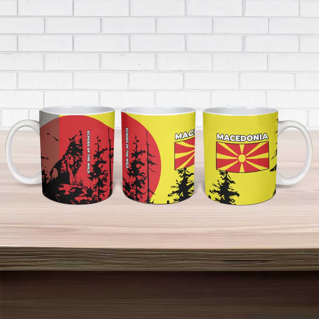 Macedonia Ceramic Mug with Howling Wolf and Sunset Forest Design - Wonder Print Shop